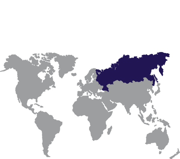 Rusland aangegeven in donkerblauw op grijze wereldkaart - op transparante achtergrond - 600 x 529 pixels